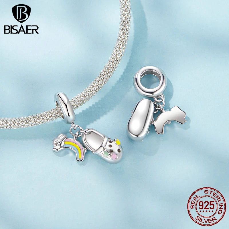 BISAER 925 Sterling Silver Pink FireworkAs Castle Pendant Game Consoles Suitable Charm Bead Fit Women DIY Bracelet Fine Jewelry