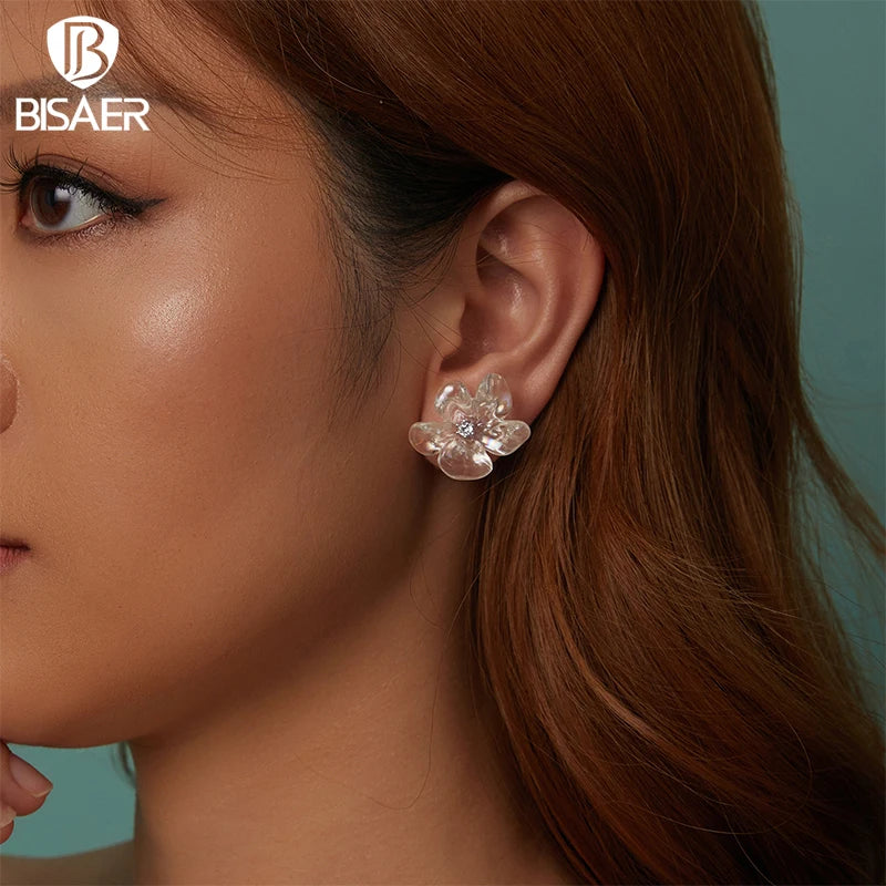 BISAER 925 Sterling Silver Fresh Flower Stud Earring Blooming Purity Flowers Stud Ear Plated White Gold For Party Fine Jewelry