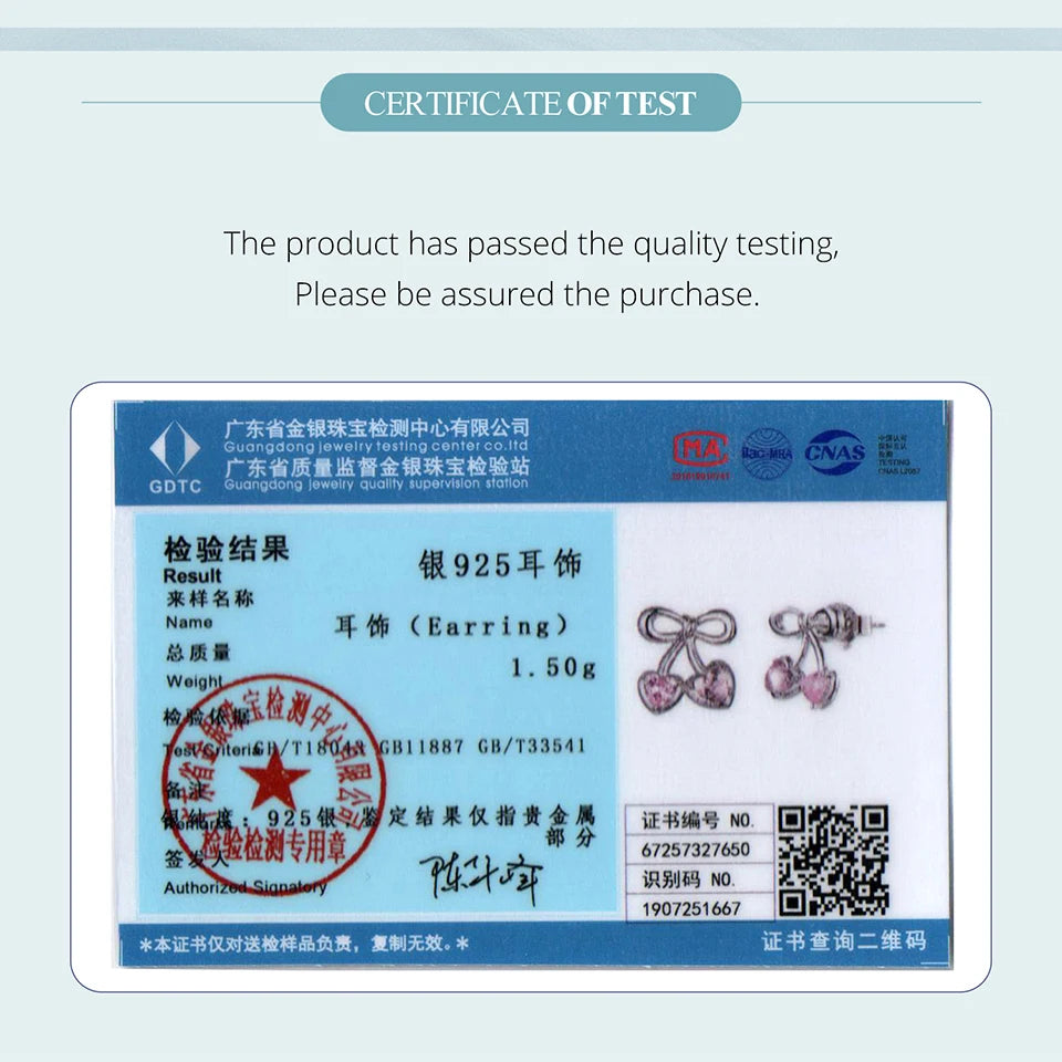 BISAER 925 Sterling Silver Pink Cherry Stud Earrings, Heart CZ Stud Ear for Romantic Women Girls Party Fine Jewelry ECE1952