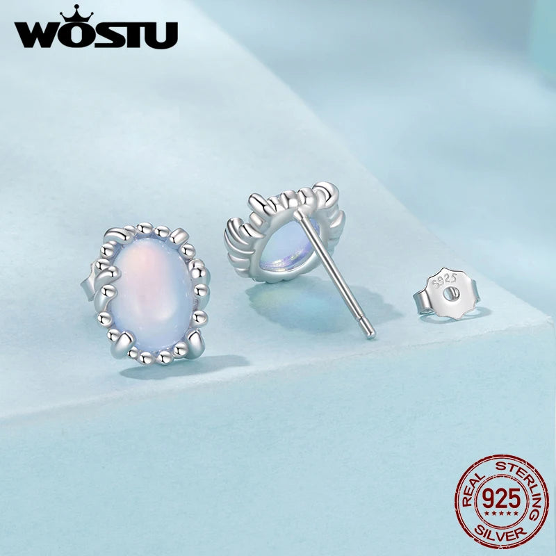 WOSTU 925 Sterling Silver Oval Cut Opalescent Stud Earrings For Women Rainbow Cyrstal Ear STuds Loverly Jewelry Gift CQE1911
