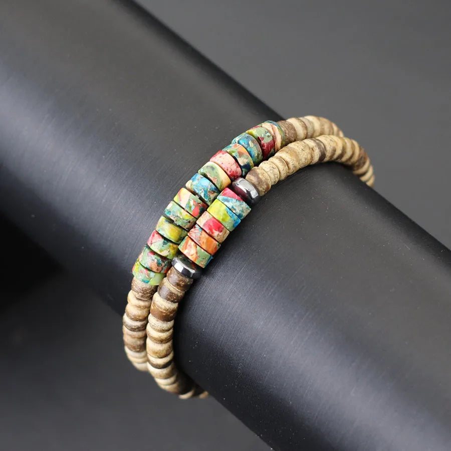 2Pcs Bohemian Turquoise Wood Bead String Set Coconut Shell Wood Slice Beaded Stacked Men Women Bracelets Casual Accessories
