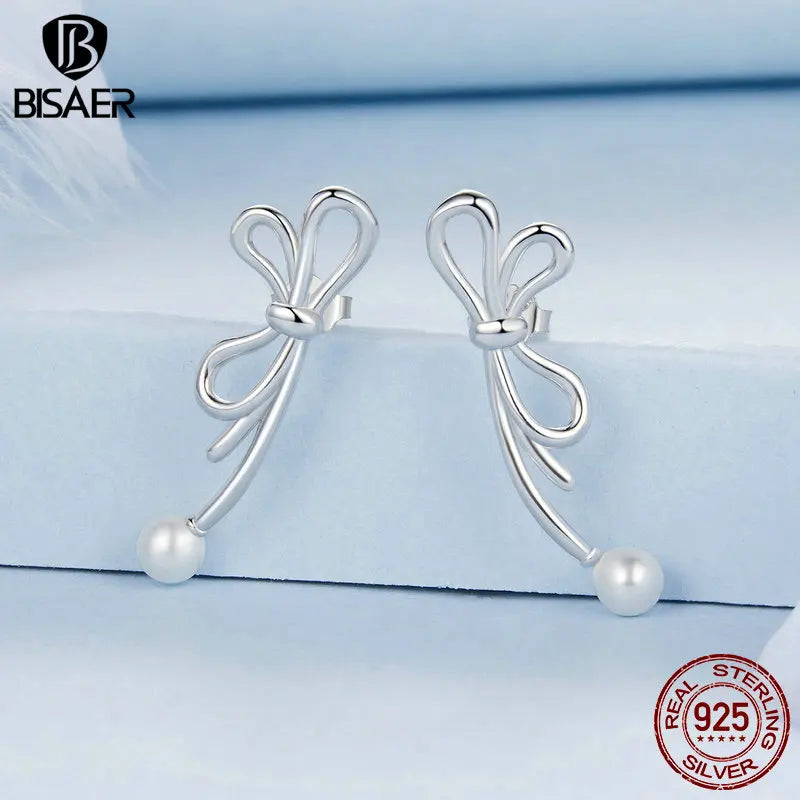 Boucles d'oreilles à tige en argent sterling 925 BISAER - Boucles d'oreilles à nœud délicat - Plaqué or blanc - Pour femme - Bijoux fins - Cadeau