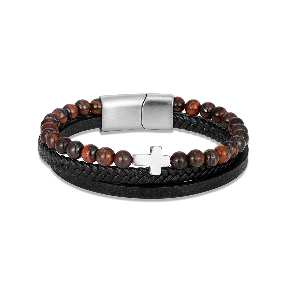 MKENDN Punk Men Cross Bracelet Multilayer Braid Leather Natural Stone Beaded Bracelet Stainless Steel Magnetic Clasp Bangle Gift