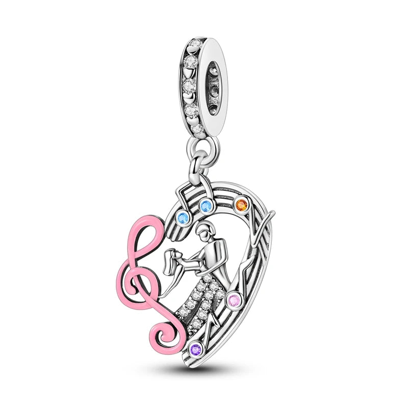 Romantic Music Charms Beads 925 Sterling Silver Piano Violin Red Guitar Punk Saxophone Pendants Fit Qikaola Bracelet DIY Jewelry