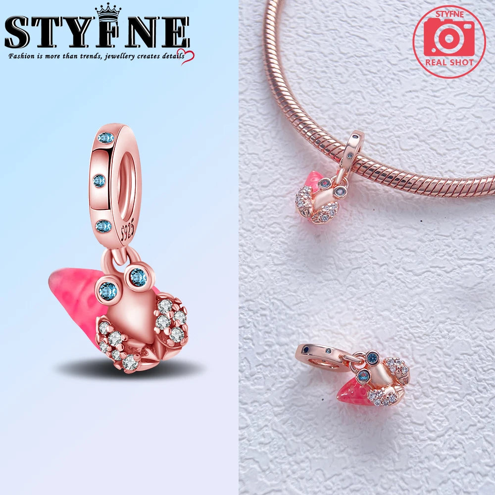 925 Sterling Silver Real Rose Gold Pink Octopus Summer Turtle Heart Dangle Charm Fit Original Bracelet Necklaces Bracelet Girl