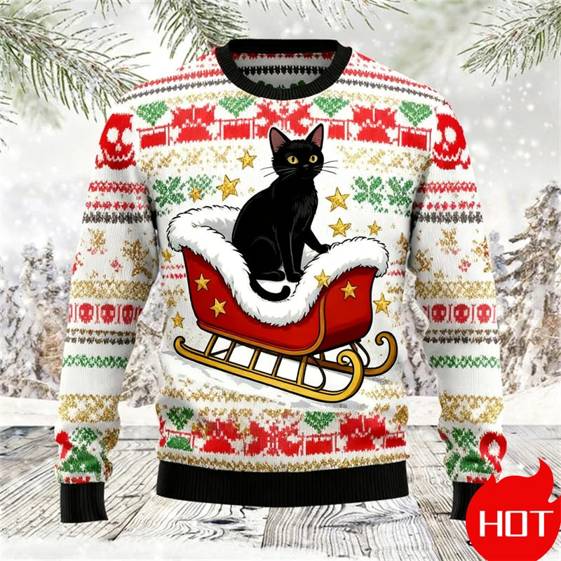 Black Cat Graphic Ugly Christmas Sweater Men Women Holiday Sweatshirt Pullover Xmas Santa 2026 Hot Sale Top Crewneck Long Sleeve