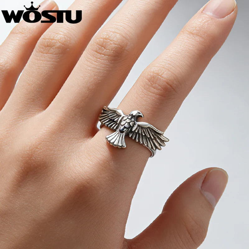 WOSTU Vintage 925 Sterling Silver Eagle Open Ring, s925 Women's Gothic Punk Statement Adjustable Animal Rings Fine Jewelry Gift