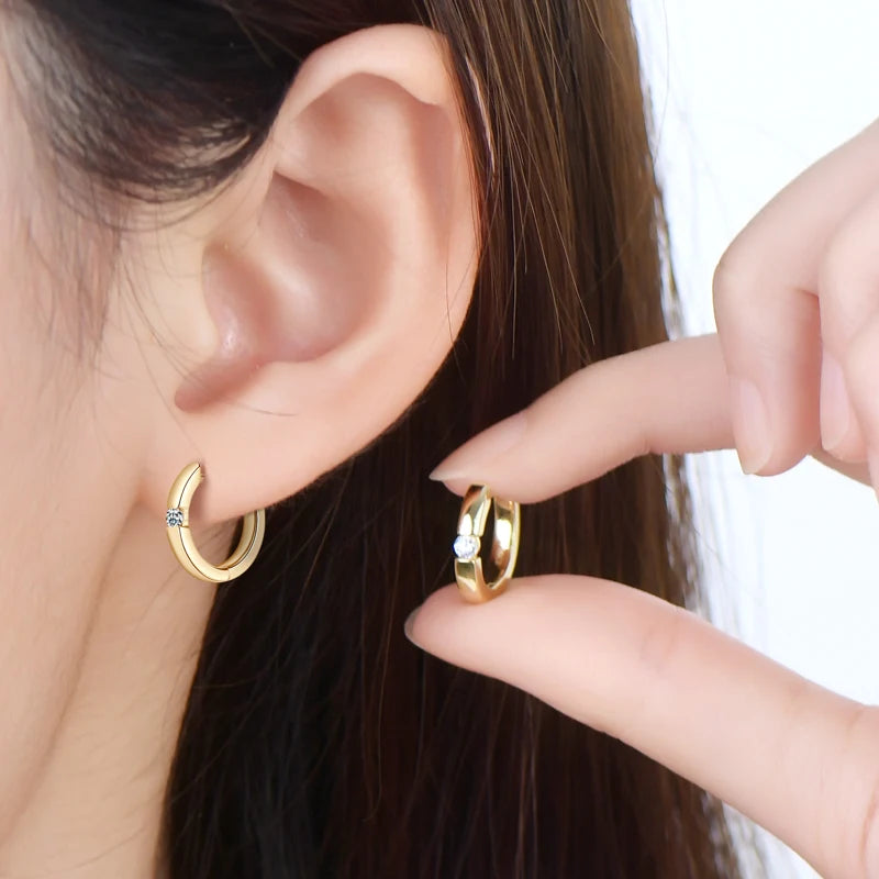 OXTAO 14K Gold Plated Moissanite Hoop Earrings Lab Diamond Simple Single Stone Stud Jewelry Gift 925 Sterling Silver for Women