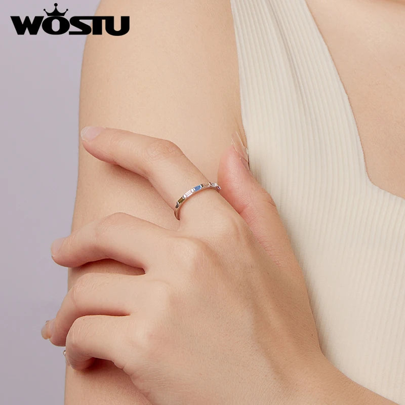 WOSTU 925 Sterling Silver Rainbow Single Ring White Gold CZ Colorful Lively Original for Women Girl Birthday Fine Jewelry Gift