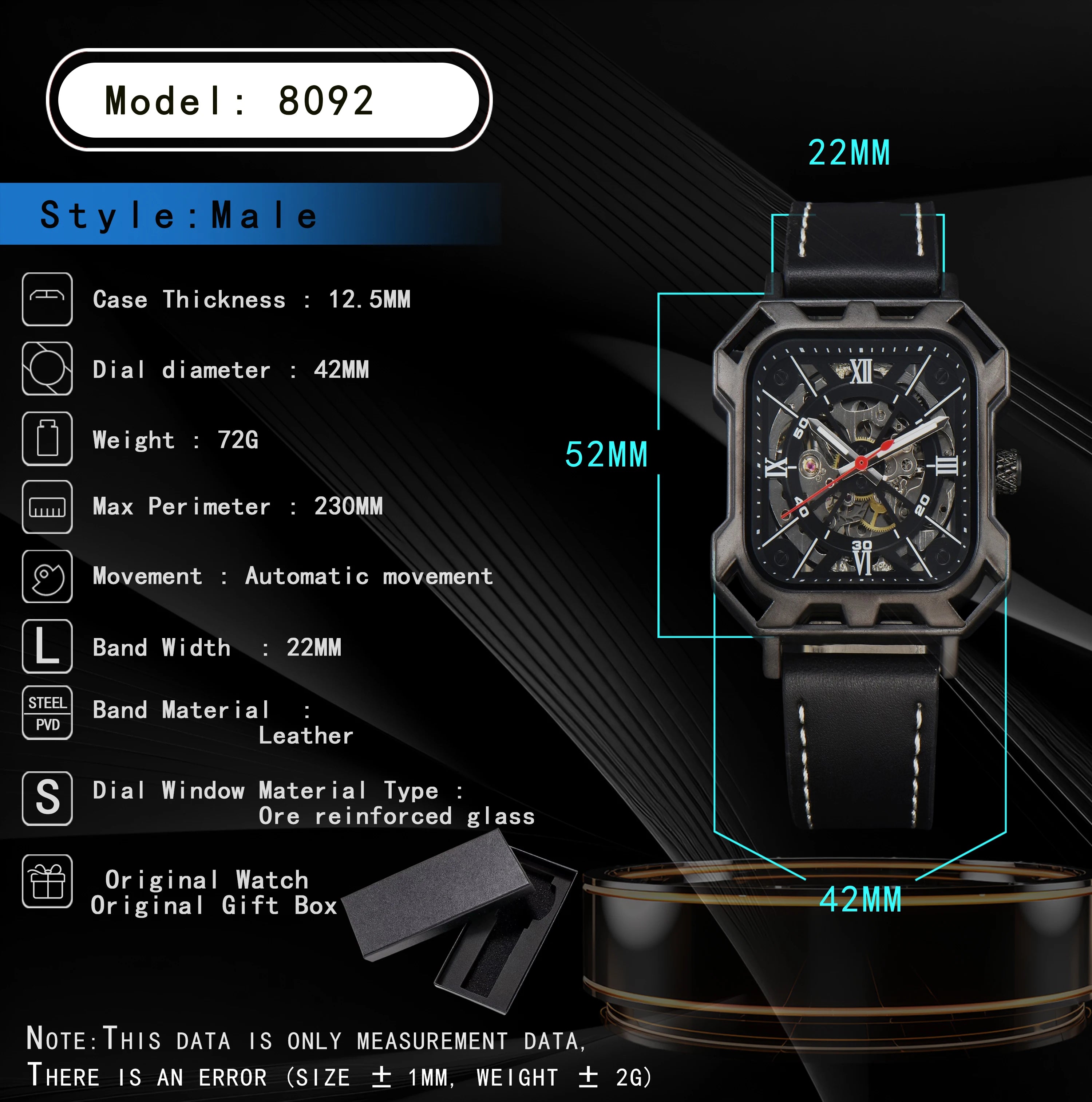 LONGLUX automatic watch business cool wholesale mechanical wristwatches hollow no logo black leather mens watch men gift ﻿