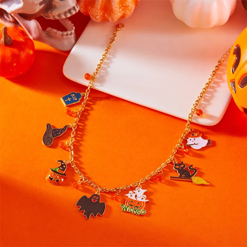 Gothic Punk Halloween Metal Chain Necklace For Women Men Vintage Black Spider Bat Pumpkin Ghost Clavicle Choker Festival Jewelry