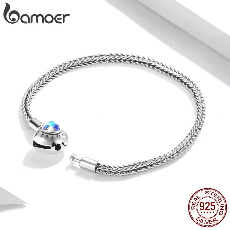 BAMOER Herzförmiges Charm- und Perlenarmband 925 Sterling Silber Schlangenkette Grundlegendes Armband für Frauen Mondsteinschmuck 17CM 19CM