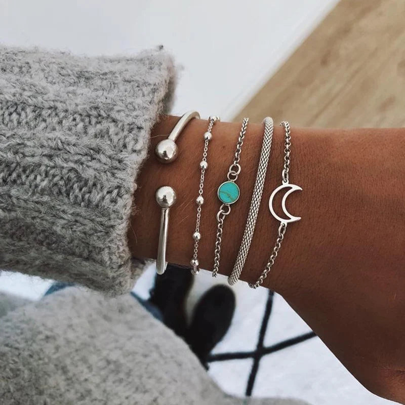 Trendy Geometric Link Chain Bracelet Set For Women Rhinestones Gold Color Leaves Heart Pendant Open Cuff Bangle Girls Jewelry - Madeinsea©