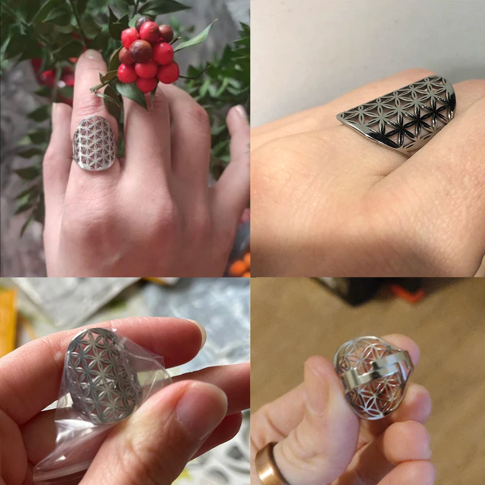 Unift Scared Geometry Flower of Life Ring Adjustable Stainless Steel Ring Men Women Accessories Vintage Filigree Viking Jewelry - Madeinsea©