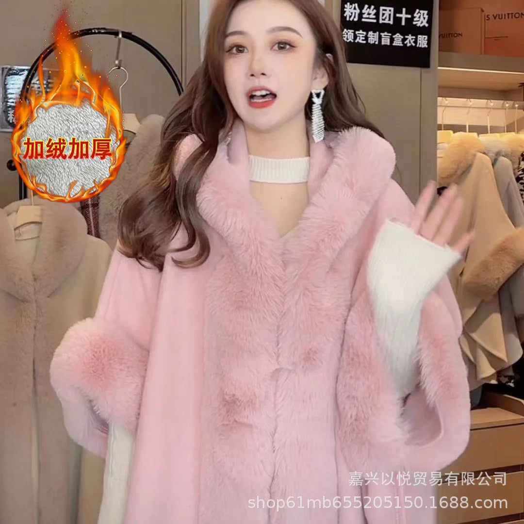 Faux Rabbit Fur Capes Coats Women Plaid Poncho Jackets Tassel Hooded Batwing Sleeves Open Stitch Loose Casual 2025 Autumn Winter