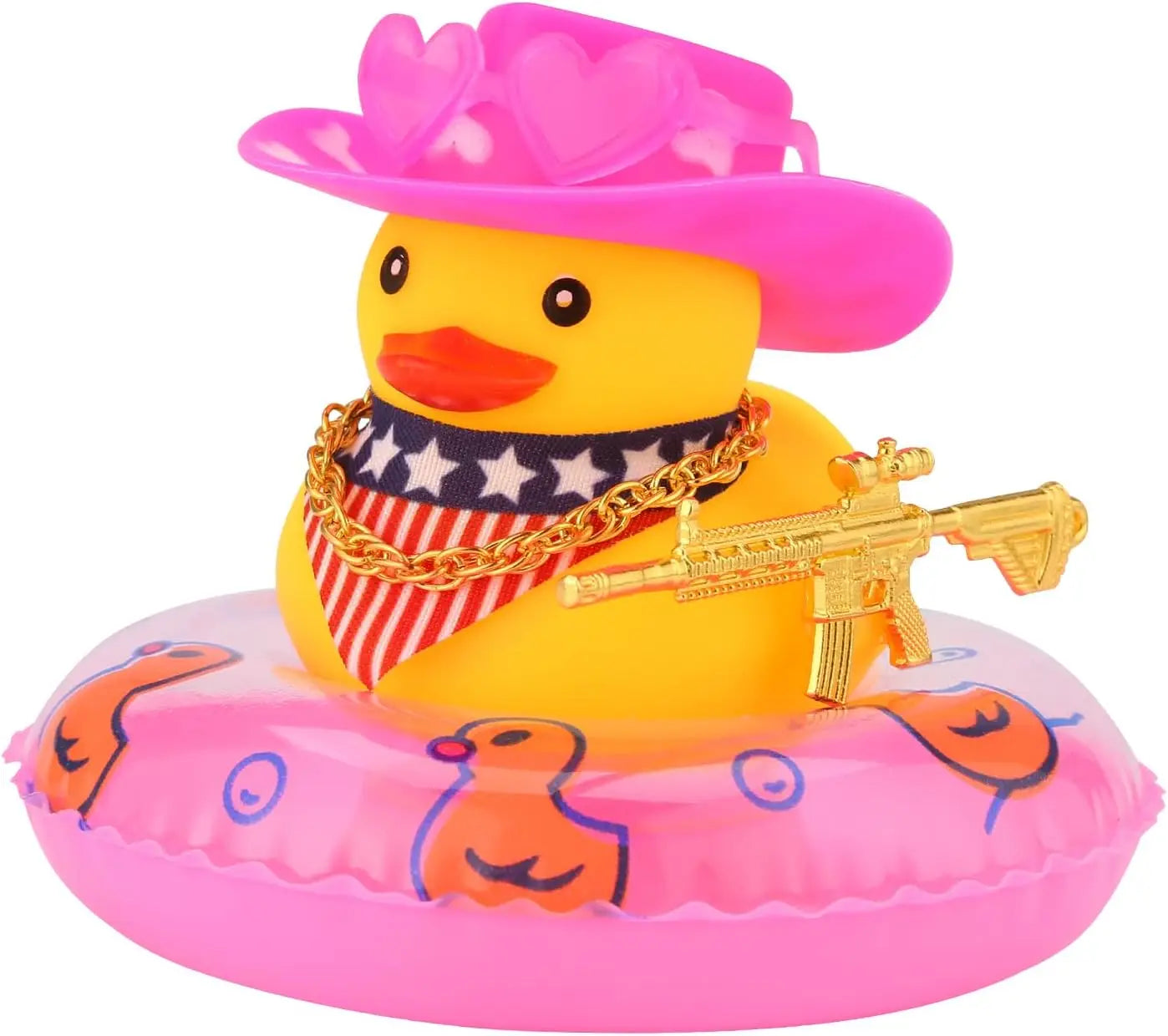 Rubber Duck with Weapon for Car Dashboard Decor, Squeaky Duck Toy Yellow Cowboy Ducks Car Ornament Fun Car Accessories