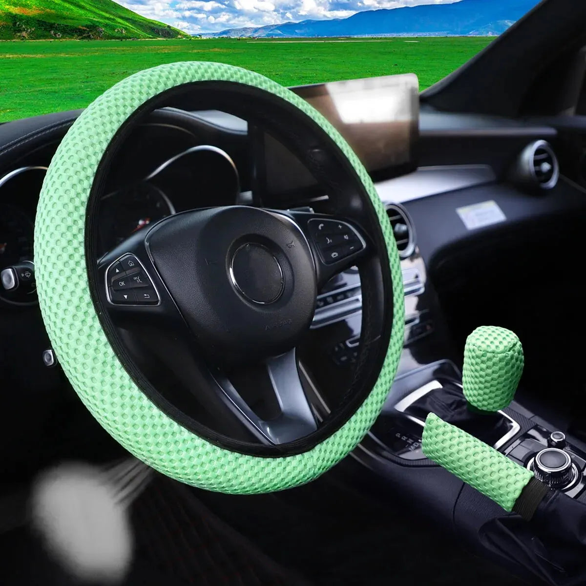 3-piece Massage Mesh Cloth Breathable Car without Inner Ring Steering Wheel Cover Handbrake Cover Handle Cover 14.5-15INCH - Madeinsea©