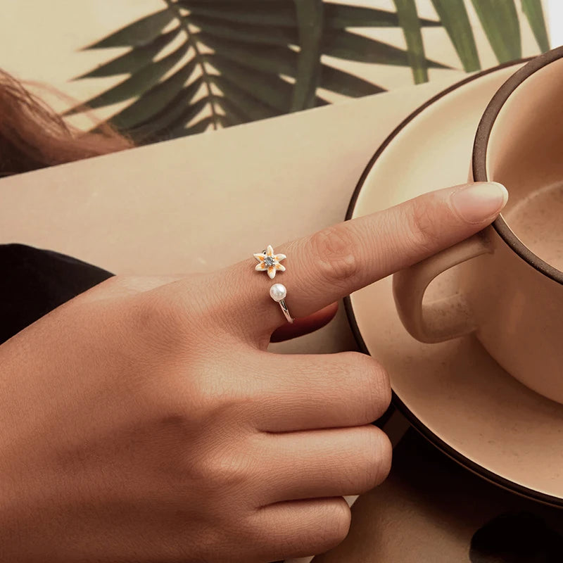 WOSTU 925 Sterling Silver Lovely Yellow Zircon Flower Pearl Open rings Spring Jewelry Gift For Family Daughter Girl Mom CQE1863