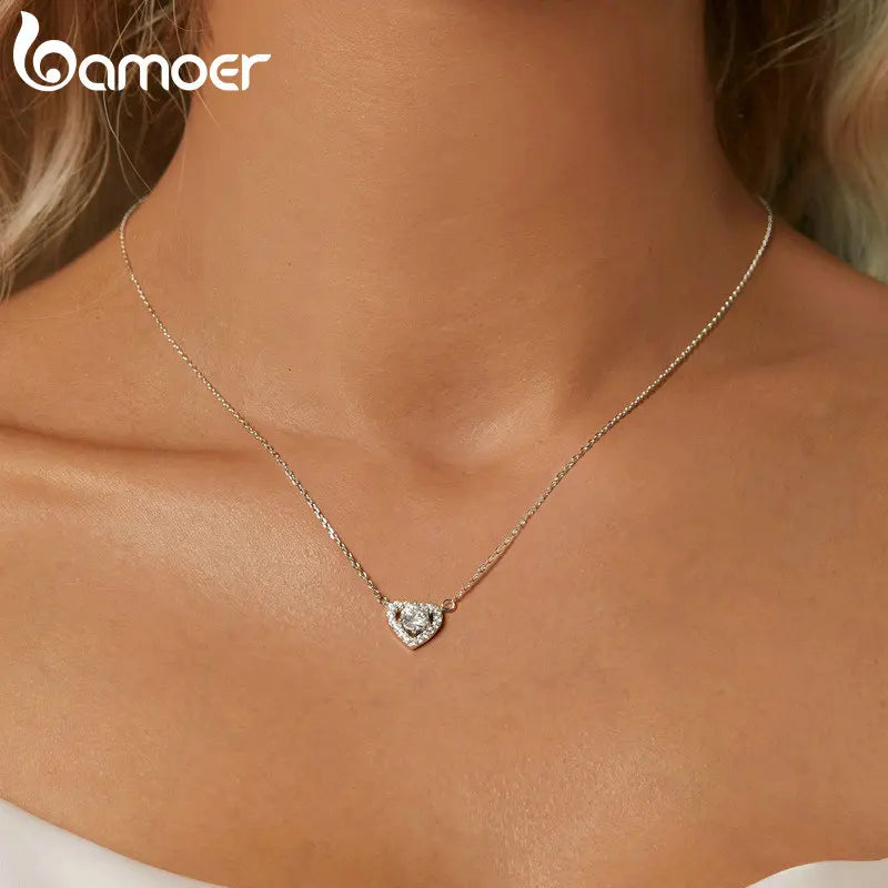 BAMOER 925 Sterling Silver Heart Moissanite Pendant Necklace 0.5CT D Color Brilliant Round Cut Lab Created Diamond for Women