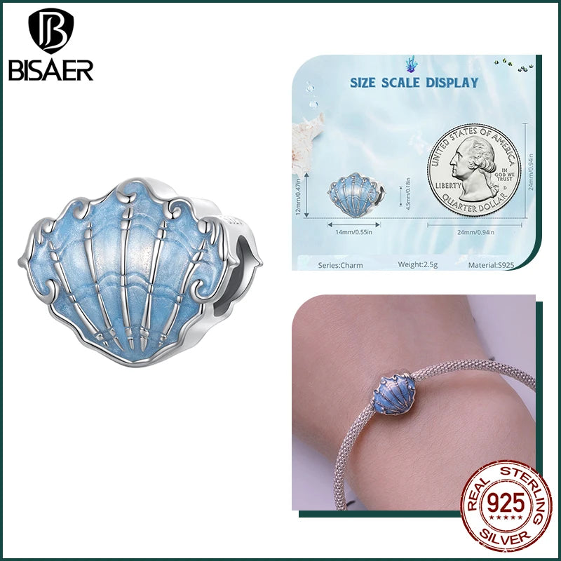 BISAER Real 925 Sterling Silver Bule Turtle Crab Charm Bead Sea Shells Pendant For Women DIY Bracelet & Necklace Holiday Gifts