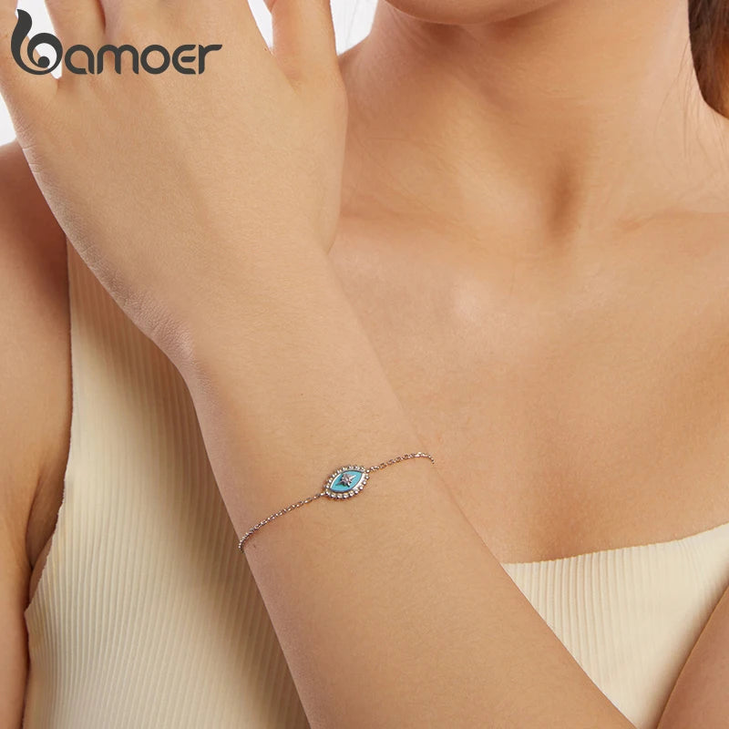 BAMOER Zartes Armband aus 925er Sterlingsilber mit dem Symbol des Bösen Blicks für Damen, minimalistisches Schutzarmband mit verstellbarer Kette, Glücksbringer