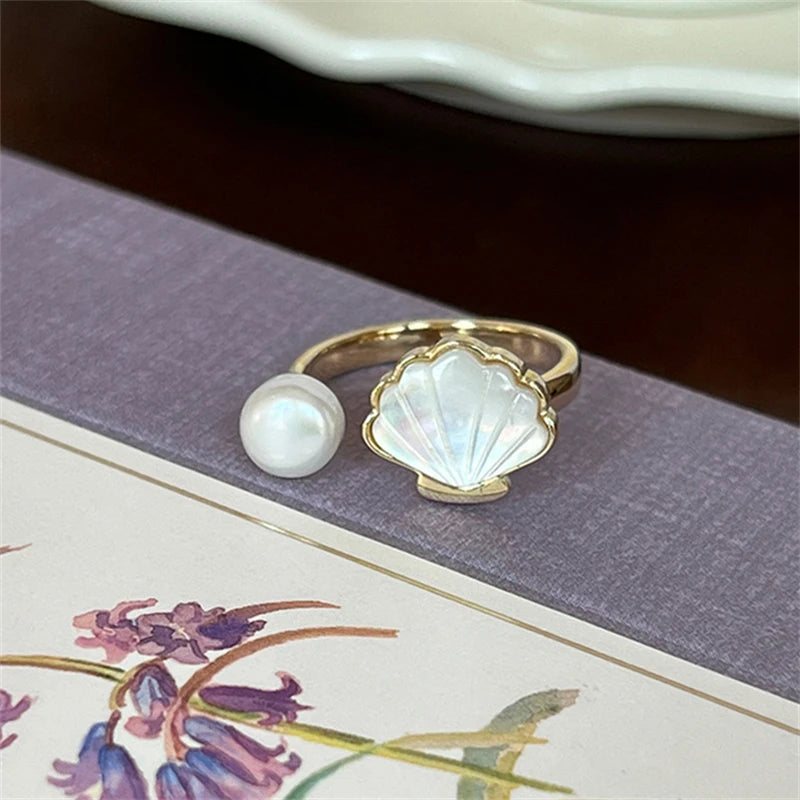 New Fashion Seashell Pearl Rings for Women Trendy French Style Rose Flower Shell Index Finger Ring Girl Party Aesthetics Jewelry