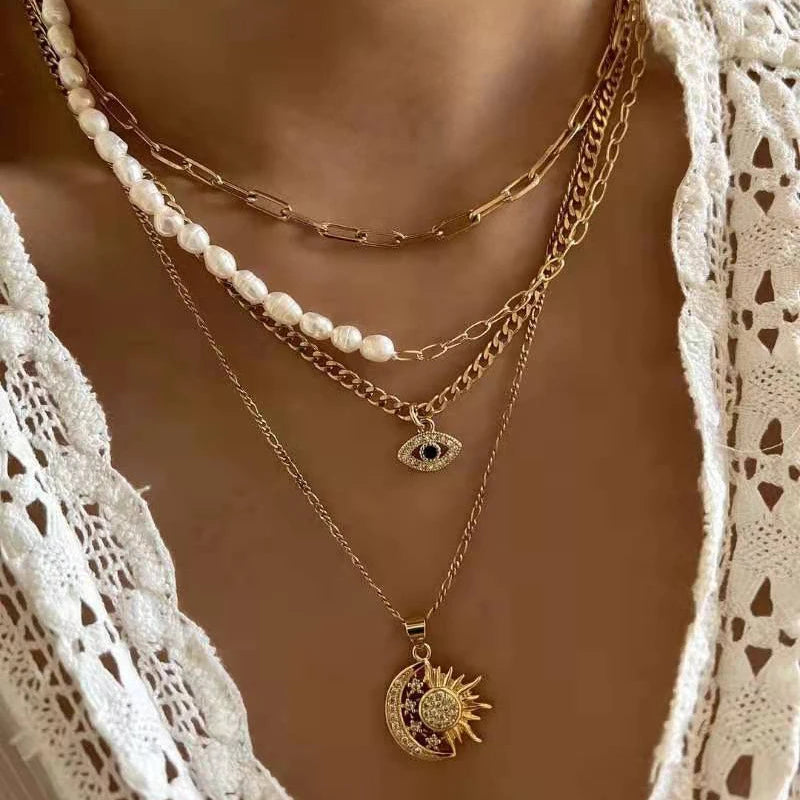 Classic Pendant Necklace for Women Micro Zircon Turkish Lucky Evil Eyes Palm Cross Pearl Multilayer Metal Chain Choker Jewelry