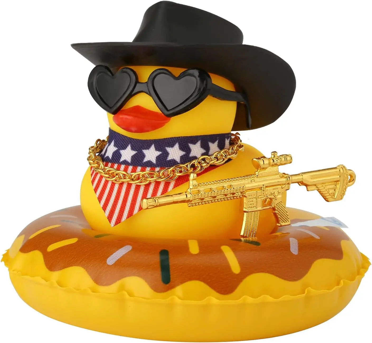 Rubber Duck with Weapon for Car Dashboard Decor, Squeaky Duck Toy Yellow Cowboy Ducks Car Ornament Fun Car Accessories
