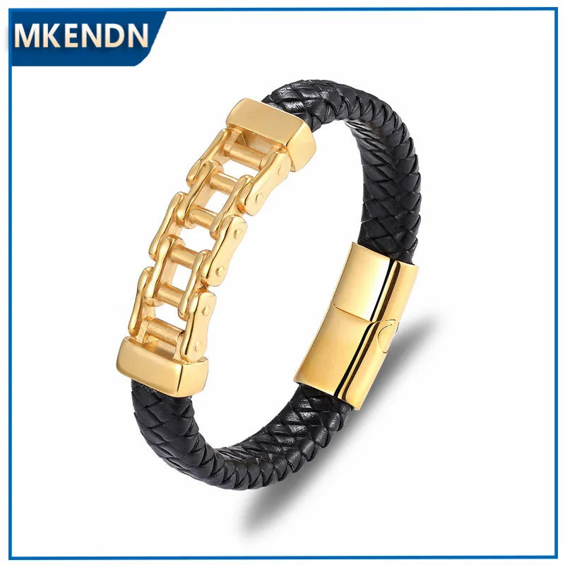 MKENDN Punk Men Stainless Steel Genuine Leather Rope Magnetic Clasp Accessories Male Charm Bracelets Wristband Rock Boyfriend
