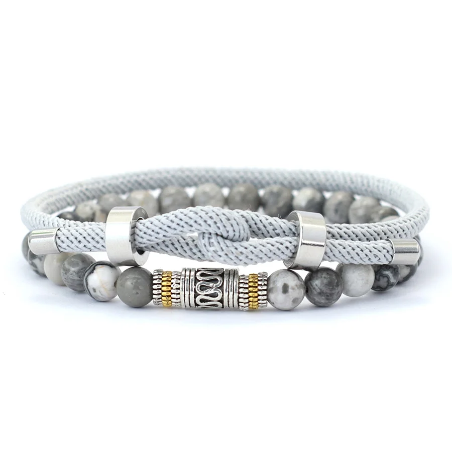 Stylish 2Pcs Men Bracelet Set 4mm Grade A Rope Charm Braslet 6mm Lava Onyx Stone Beaded Braclet Good Luck Red Cord Brazalete