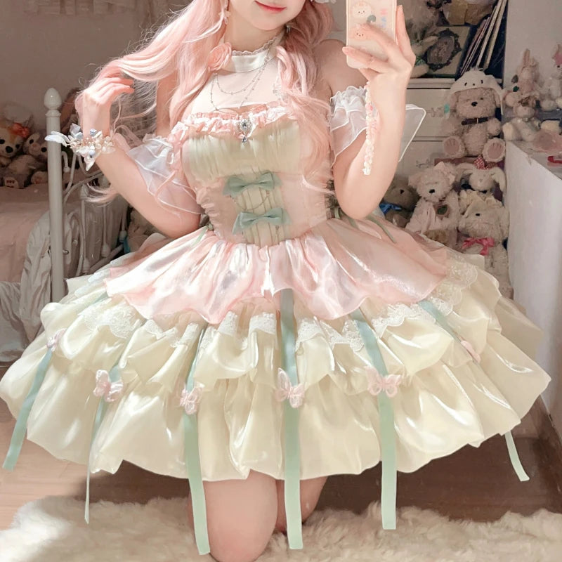 Vintage Victorian Lolita Princess Mini Dress Women Gothic Y2k Bow Lace Ruffles Sleeveless Party Dresses Girl Sweet Elegant Dress