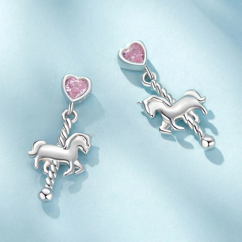 WOSTU 925 Sterling Silver Lovely Girl Birthday Jewelry Pink Heart Carousel Stud Earrings Studs Gift For Daugter Family CQE1857