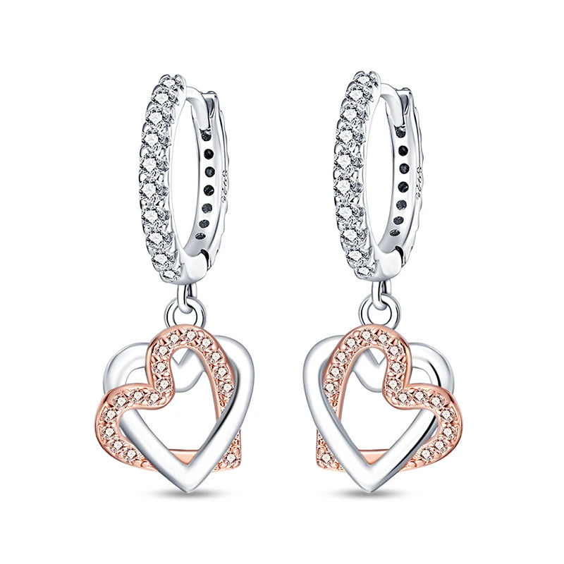 New Earring For Women 925 Silver Sparkling Butterfly Bear Pink Heart Princess Double Hoop Earrings Luxury Party Jewelry