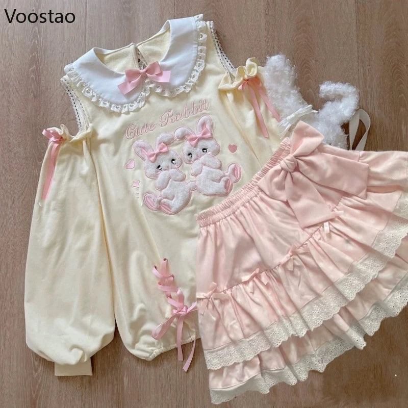 Japanese Sweet Lolita Style Skirt Sets Women Kawaii Bow Cartoon Bunny Off Shoulder Hoodie Cake Mini Skirt Suit Cute Y2k Outifits