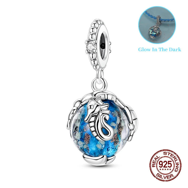 Summer 925 Sterling Silver Luminous Ocean Pendants Crab Whale Shark Charms Beads Fit 925 Original Bracelet Fine DIY Jewelry Gift