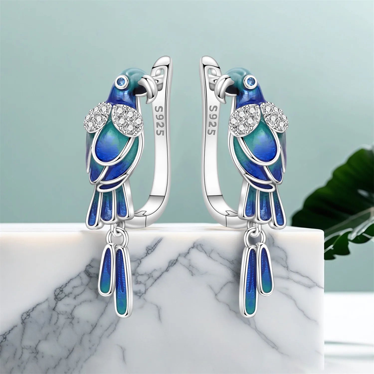 PANPOKI 925 Sterling Silver Blue Green Parrot Bird Drop Earrings Women Earrings Charm Fashion Versatile Party Jewelry Gifts