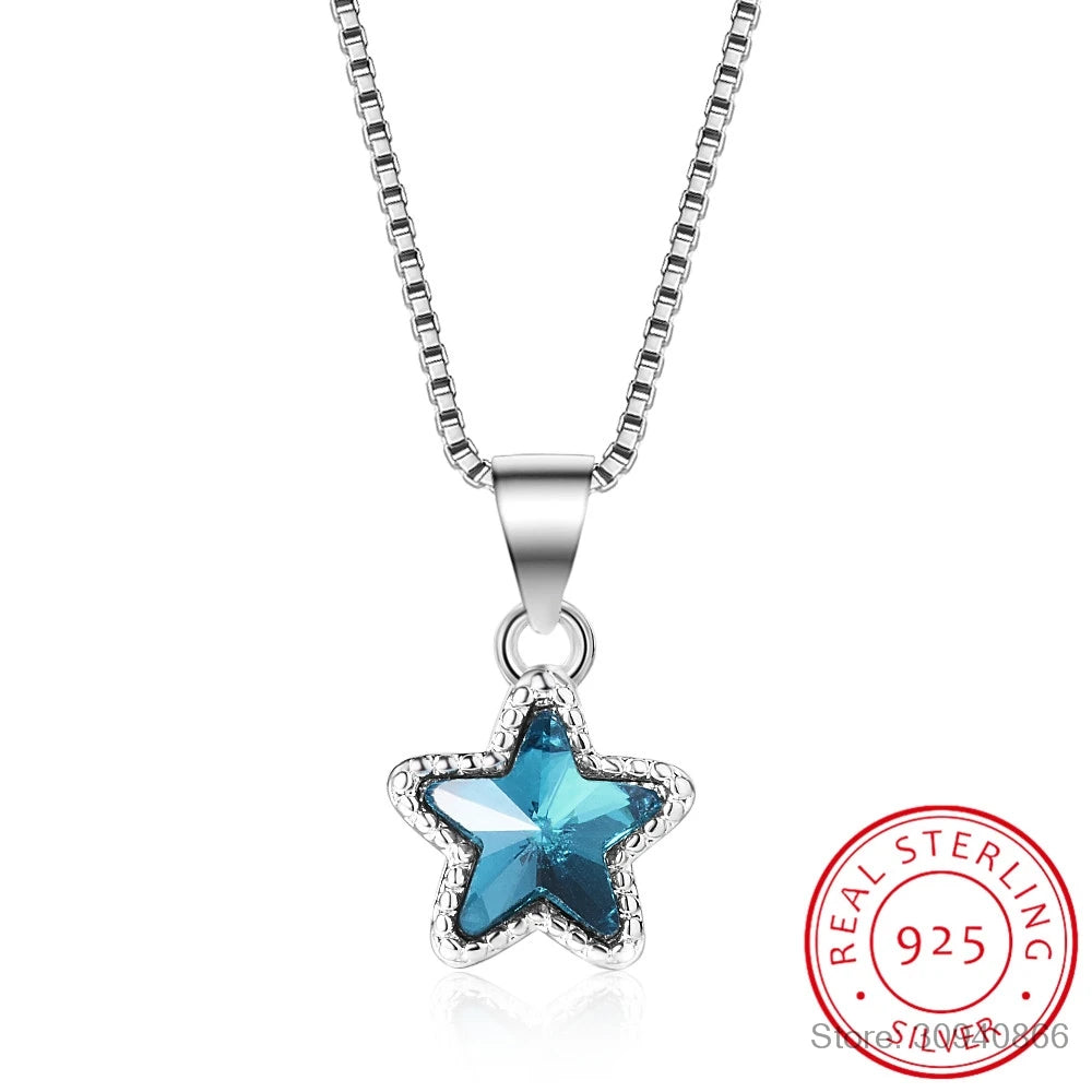 100% 925 Solid Sterling Silver Necklace Women Girl Sweet Star Blue CZ 40cm Short Clavicle Necklace For Teen Jewelry DS981