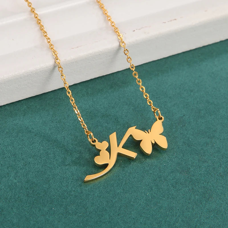 New Fashion 26 Initials Letter Pendant Butterfly Necklace for Women Elegant Stainless Steel Gold Color Necklace Jewelry Gift