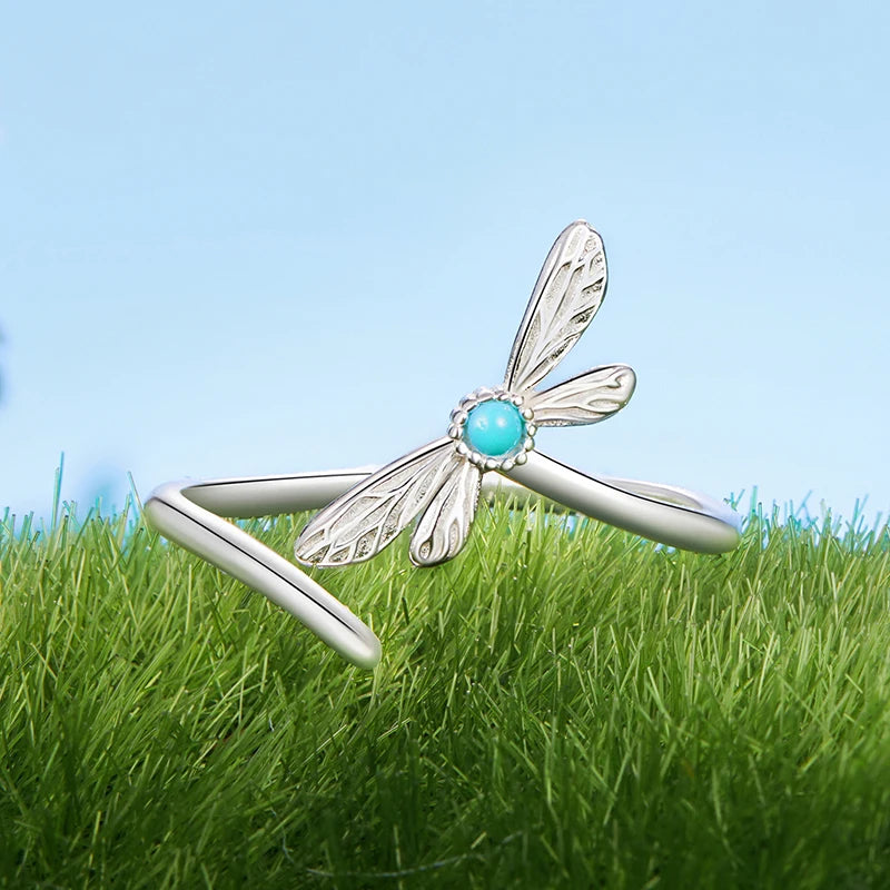 WOSTU 925 Sterling Silver Green Turquoise Dragonfly Stud Earrings Open Ring For Women Party Jewelry set Holiday Jewelry Gift