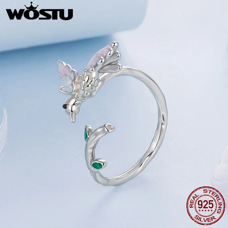 WOSTU 925 Sterling Silver Kingfisher Open Ring For Women, Pink Green Leaf bird Stackable Rings Fine Jewelry Party Gift