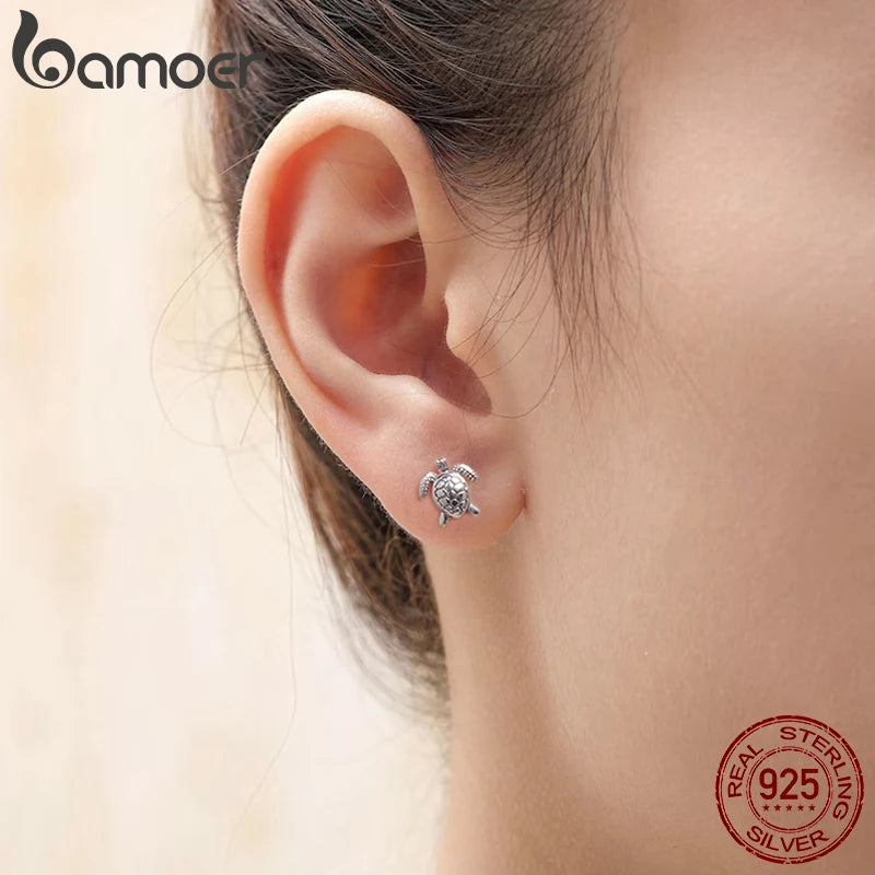 BAMOER 925 Sterling Silver Cute Turtle Stud Earrings Hypoallergenic Sea Animal Earrings for Women Fine Jewelry Retro Party Gift