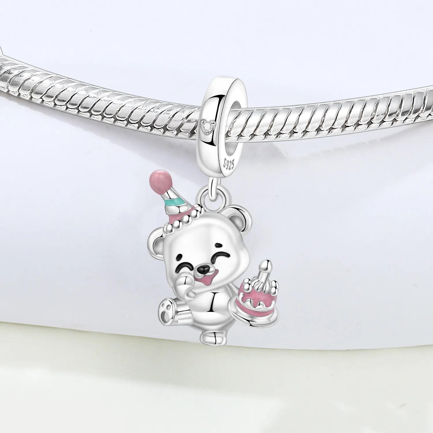 PANPOKI 925 Sterling Silver Cute Cake Birthday Teddy Bear Beads Original Pendants Charm Jewelry DIY Necklace Bracelet Fine Gift