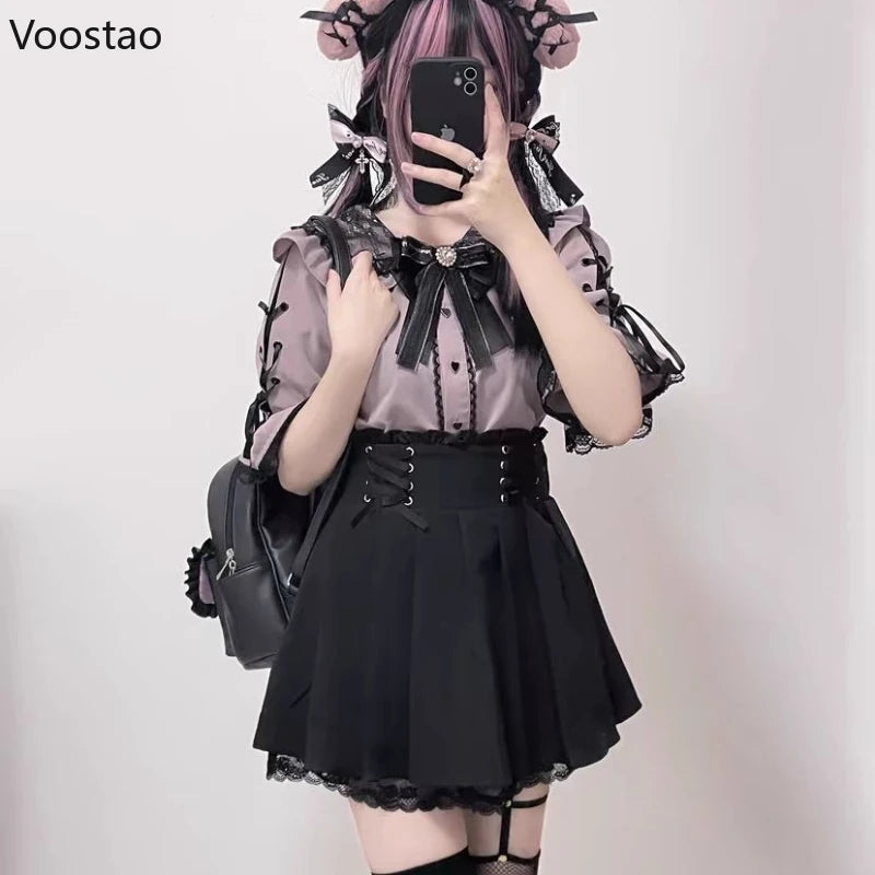 Victorian Gothic Lolita Bow Blouses Japanese Style Sweet Bandage Short Sleeve Lace Peter Pan Collar JK Shirt Women Punk Y2k Tops
