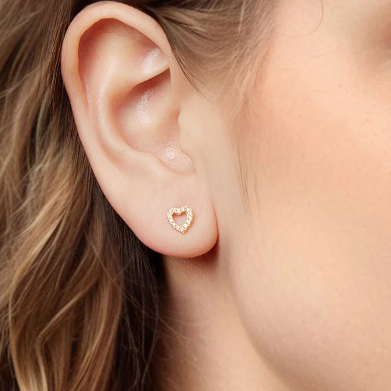 BAMOER 925 Sterling Silver 18K Hollowed Heart Stud Earrings for Women Clear CZ Cute Piercing Earrings Shiny Jewelry Date Gift