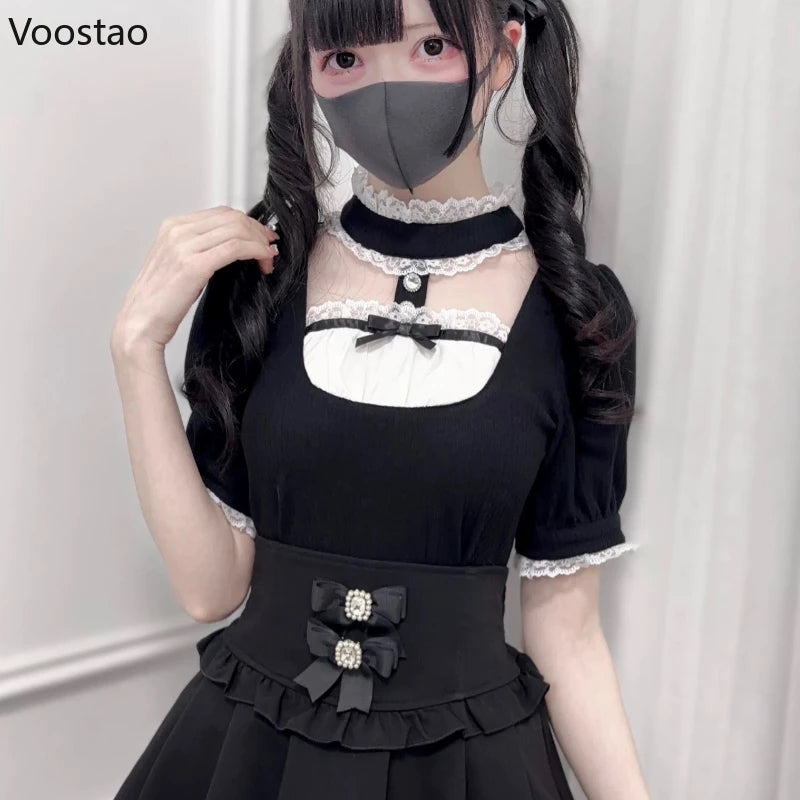 Japanese Gothic Lolita Style Shirts Women Vintage Sweet Y2k Lace Ruffles Short Sleeve Plaid Blouses Jirai Kei Girls Casual Tops