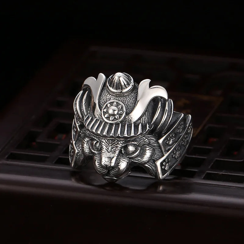 Retro Samurai Cat Ring For Men Silver Color Punk Gothic Adjustable Open Ring Handmade Hiphop Unisex Jewelry Accessories Gift