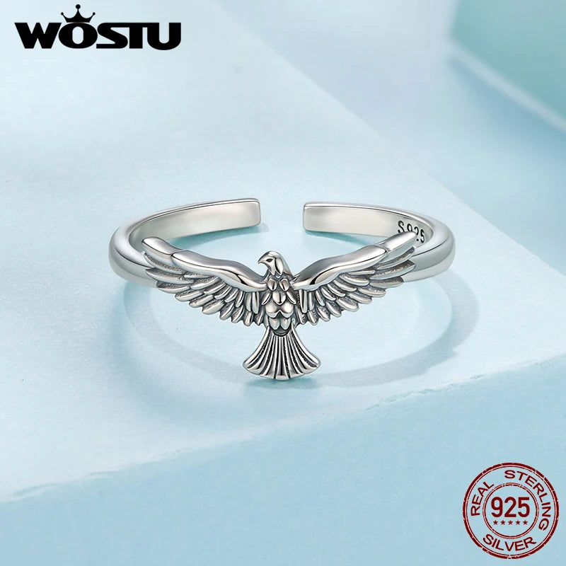 WOSTU Vintage 925 Sterling Silver Eagle Open Ring, s925 Women's Gothic Punk Statement Adjustable Animal Rings Fine Jewelry Gift