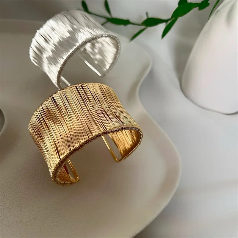 Classic Punk Wide Open Cuff Bracelet Bangle For Women Men Gold Color Punk Metal Wire String Exaggerated Bracelets Charm Jewelry