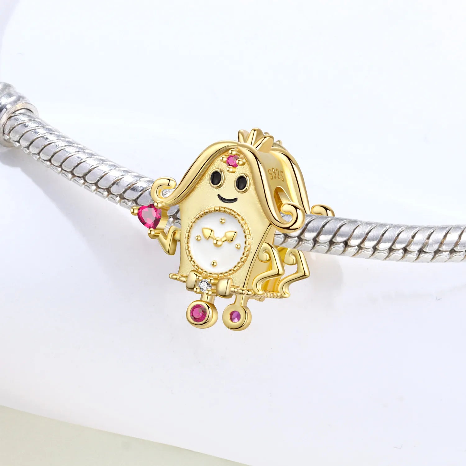 PANPOKI 925 Sterling Silver Golden Clock Queen Beads Pendant Beads Original Bracelet Charm Jewelry Party DIY Trendy Gifts