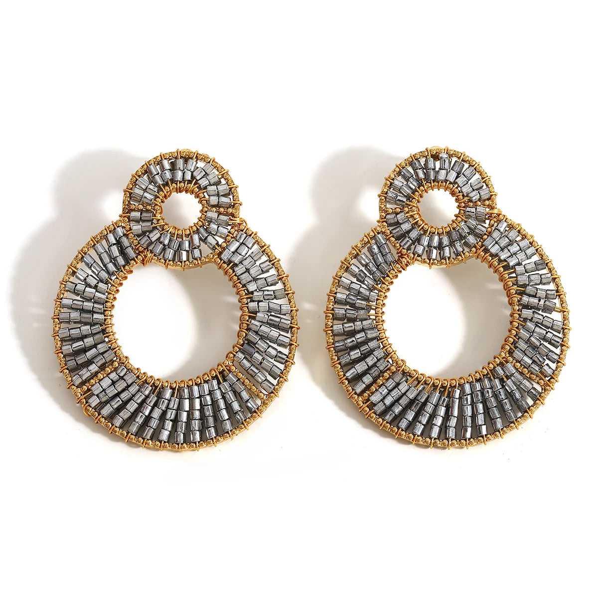 AENSOA Luxury Colorful Crystal Beaded Double Round Drop Earrings for Women Gold Color Metal Dangle Earrings Handmade Jewelry